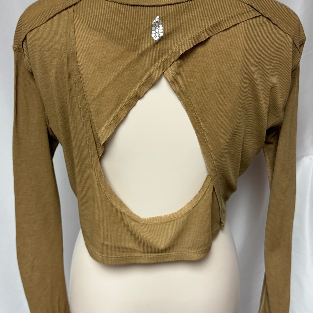 Free People Ribbed Crop Top XS Open Back Cutout Boho Fitted Long Sleeve Brown - Picture 5 of 10